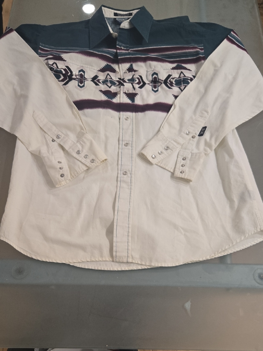 Men's Casual Button-Down Shirt with Southwestern Print - Cream & Teal